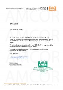 Authorisation Letter signed stamped 212x300 - Eriez магнитные сепараторы