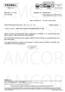 AUTHORIZATION LETTER 1 214x300 - AMCOR – авторизованный партнер компании PROMEL